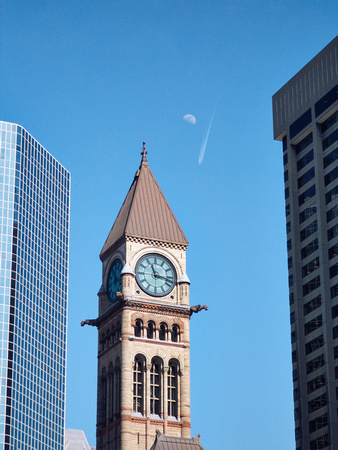 Moon and Flying Object Above the Old City Hall Clock Tower